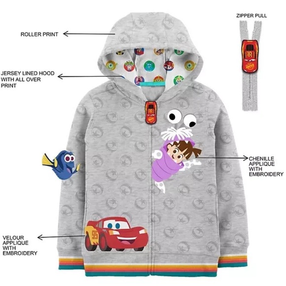 Disney Other - Disney Light Gray Kids Zip-Up Hoodie with Colorful Character Appliqués Unisex 7